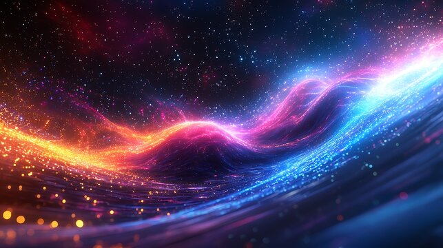 A glowing wave of flowing circuits, cascading in a vibrant pattern of neon light, intricate quantum pathways illuminated with blue and magenta hues,