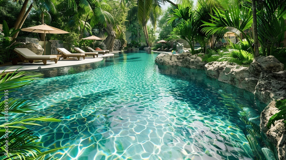 Poster exotic resort with crystal clear pool surrounded by lush greenery and comfortable loungers for relax