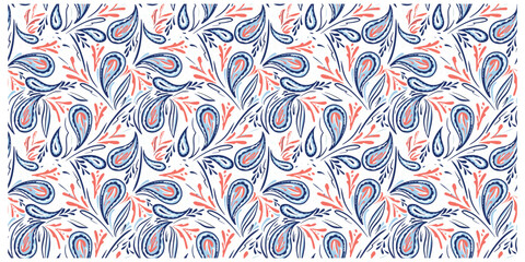 An elegant blue and white paisley design showcasing flowing curves and ornate motifs against a soft backdrop.