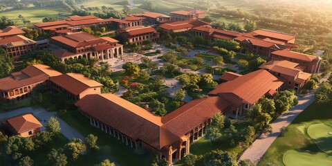 Aerial view of a tranquil resort complex surrounded by lush greenery and scenic hills