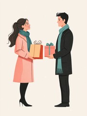 Obraz premium Young caucasian couple exchanging gifts in winter attire