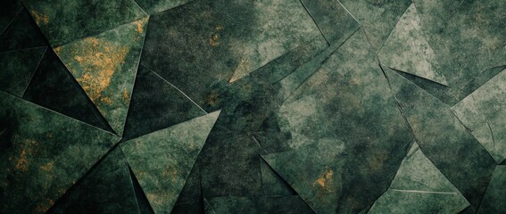 Geometric patterns create an abstract green landscape with sharp and triangular shapes representing nature's vibrancy