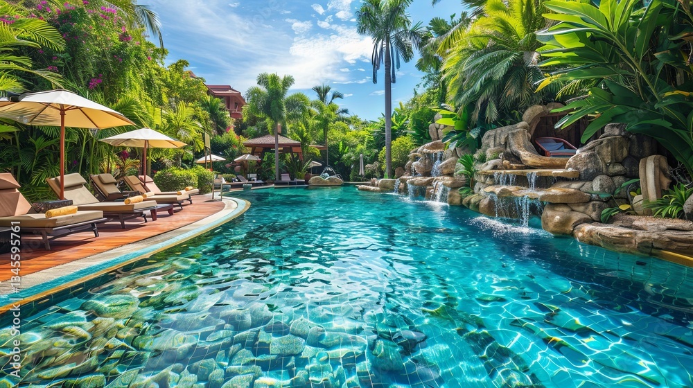 Poster exotic resort featuring a crystal clear pool surrounded by lush greenery and comfortable loungers ge