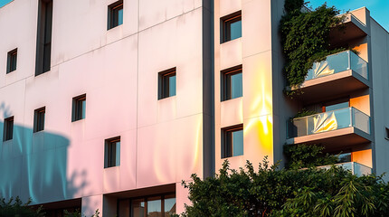 Fototapeta premium A sculptural modern brutalism building with lush greenery, created by generative ai
