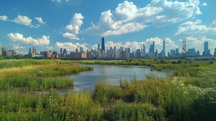 A panoramic view of the Chicago skyline framed by lush parkland. 