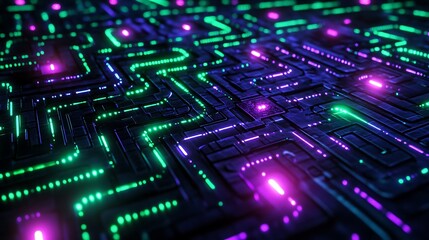 Obraz premium A luminous quantum labyrinth, glowing maze-like circuits with radiant energy flows, vibrant neon hues of green and purple illuminating an abstract futuristic design,