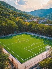 Fototapeta premium Aerial view of a vibrant soccer field surrounded by lush green mountains and residential areas