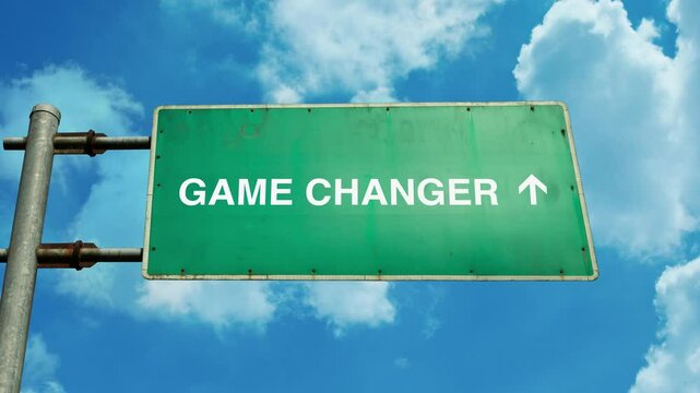 Game changer text or word green road sign on a cloudy, clean blue sky, symbolizing innovation, transformation, and a shift toward new possibilities
