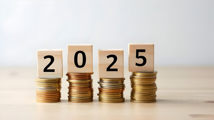 2025 Financial Growth Concept with Stacked Coins and Wooden Blocks Representing Economic Progress and Investment Trends