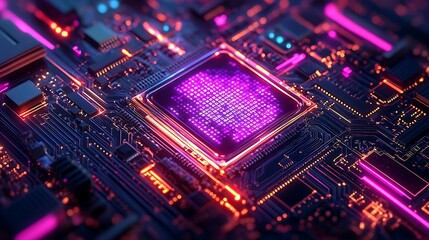 Obraz premium A luminous quantum processor exploding with radiant energy streams, pulsating neon colors radiating outward through intricate circuits, surrounded by holographic particles and vibrant light trails,