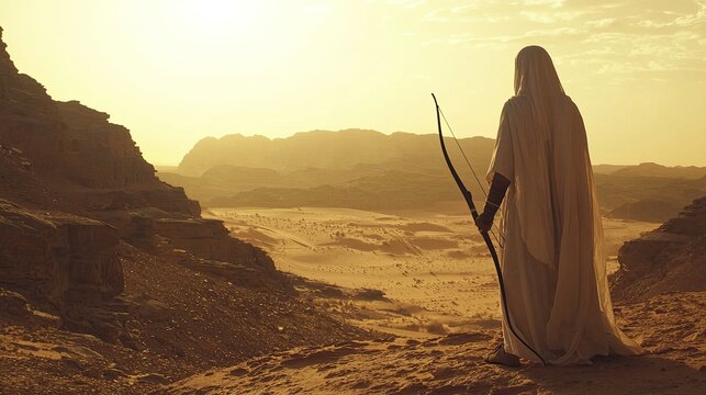 Silhouetted figure in flowing robe holds bow and arrow, overlooking vast desert landscape at sunset.