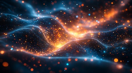 Obraz premium A multi-dimensional quantum realm, intricate layers of glowing circuits interconnected by radiant neon pathways, dynamic holographic effects and luminous particles adding depth,