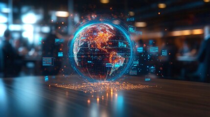 Global data connections represented with vibrant animation in a modern workspace