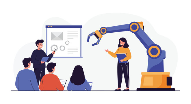 Presentation with robotic arm assisting people in a workshop setting flat vector illustration - Powered by Adobe
