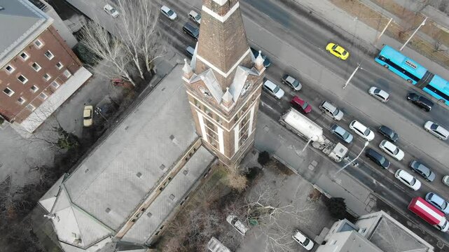 St.Teresa of Lisieux church, bell tower, Budapest, Hungary. Aerial top-down pov