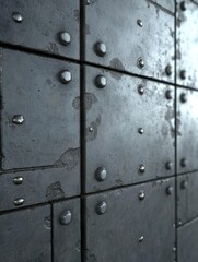 Fototapeta premium Close-up view of industrial metal wall panels showcasing rivets and surface imperfections