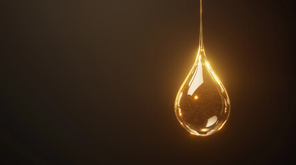 Fototapeta premium Liquid Gold: A single drop of shimmering golden liquid hangs suspended, radiating light against a dark backdrop, creating a captivating image of purity and preciousness.