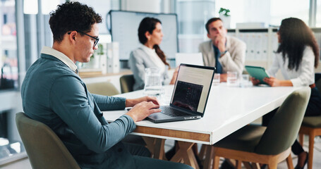 Office, businessman and screen with laptop in meeting, about us and research for stock market....
