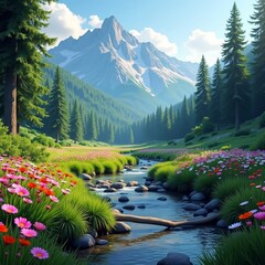 A serene mountain stream flows through a lush meadow, surrounded by vibrant wildflowers