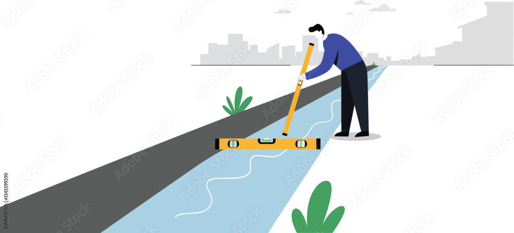 Poster worker using a level tool on a construction site in minimalist vector art