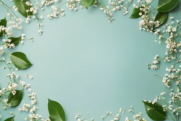 Floral green frame with leaves and white flowers on teal background