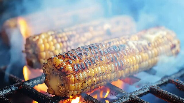 Grilled corn on the cob, with charred kernels glistening from butter, resting on a grill over hot coals.