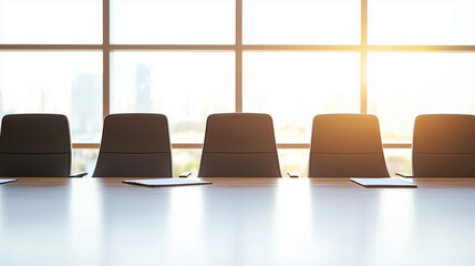 Boardroom with a View: A modern boardroom setting bathed in natural light, featuring a long table, comfortable chairs, and expansive windows that offer a panoramic view.