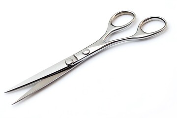 Obraz premium A close up shot of shiny silver scissors on a plain white background with no other elements present