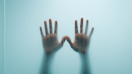 Hands Pressed Against Glass: A pair of hands gently pressed against a frosted glass pane, evoking a sense of mystery and touch. 