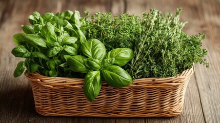 Naklejka premium Fresh basil and thyme herbs sit in a woven basket on wood table. Showcase natural ingredients and healthy cooking in your project.