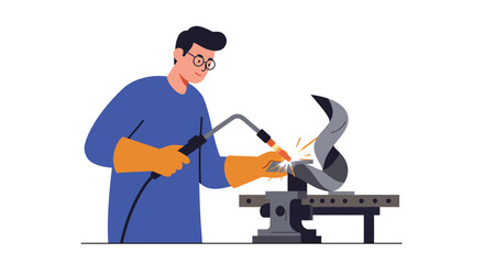 Welder working with metal on a bench in flat vector art