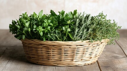 Fototapeta premium Fresh herbs in a basket, basil, parsley, rosemary, and thyme on wood table. Ideal for cooking recipes, fresh food or gardening concept visuals.