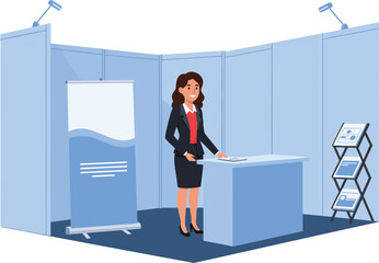 Professional businesswoman at trade show booth in flat vector art