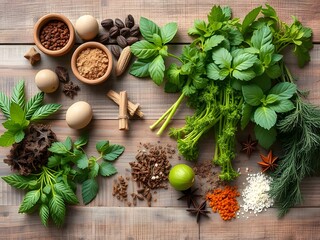 Culinary Ingredients Fresh Herbs, Spices, Eggs, and Coffee Beans on a Rustic Wooden Table for Food Preparation and Cooking.