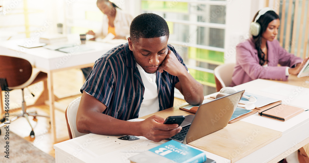 Poster college student, man and phone with texting for web chat, education or planning with notes for exam 