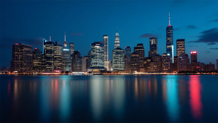 Obraz premium Night city skyline with illuminated skyscrapers reflecting on calm water