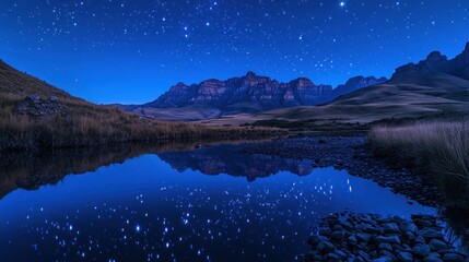 Starry night reflection on mountain lake