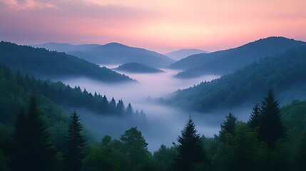 Obraz premium Misty sunrise valley, mountain landscape, scenic view, travel poster