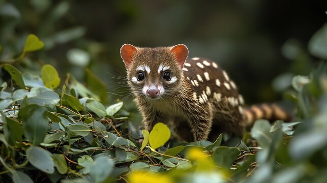 Stealthy spotted tail quoll prowling through the dense eucalyptus forests of Australia its sharp eyes locked onto its prey
