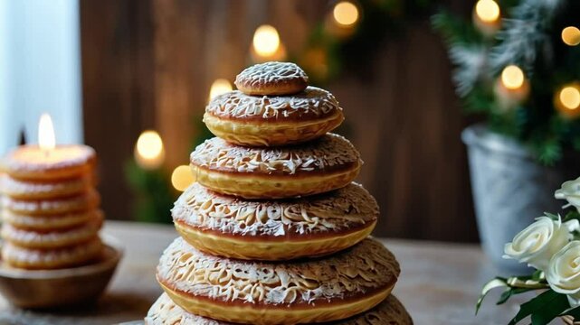 Kransekake is a Scandinavian almond cake arranged in a ring tower, often adorned with icing, and served during weddings or special events.