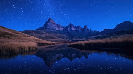 Starry night mountains reflecting in calm lake