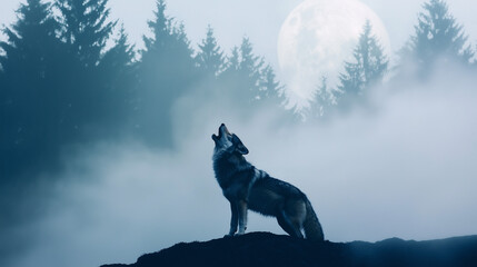 Lunar Serenade: A lone wolf raises its head and howls at the full moon, set against a misty backdrop of a coniferous forest, evoking a sense of mystery and wildness.