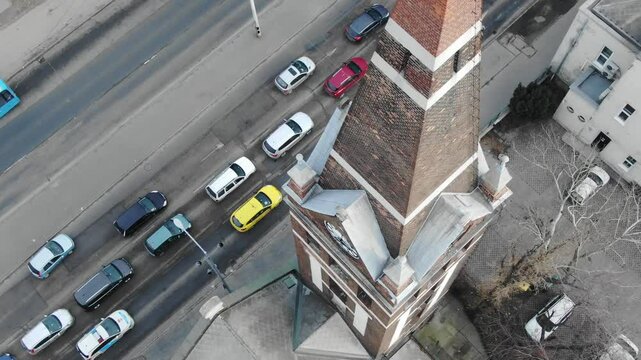 St.Teresa of Lisieux church, bell tower, Budapest, Hungary. Aerial top-down, dolly zoom, vertigo effect