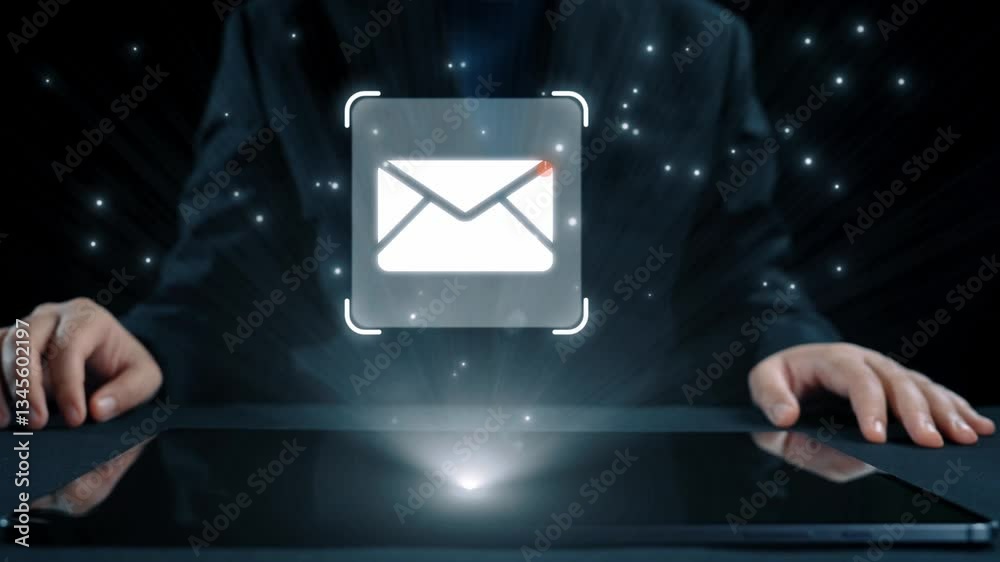 Poster business person checking email inbox, organizing and prioritizing messages for better productivity. 