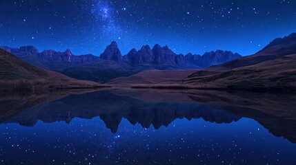 Starry night reflection lake mountain peaks