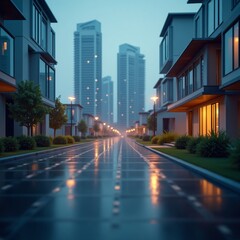 Obraz premium A serene city street at dusk, with modern buildings and a wet road reflecting the soft light of street lamps