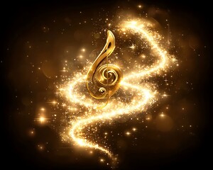 Golden Treble Clef Sparkles on Dark Background.