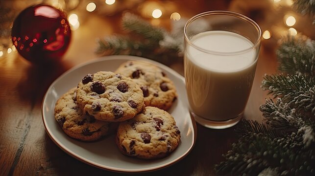 A plate of cookies and milk set out for Santa. 