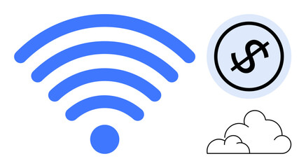 Blue wireless signal icon beside dollar symbol and cloud shape, emphasizing digital finance and connectivity. Ideal for technology, finance, economy, cloud computing, wireless communication