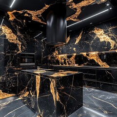 Luxury Black Gold Kitchen Interior Design.